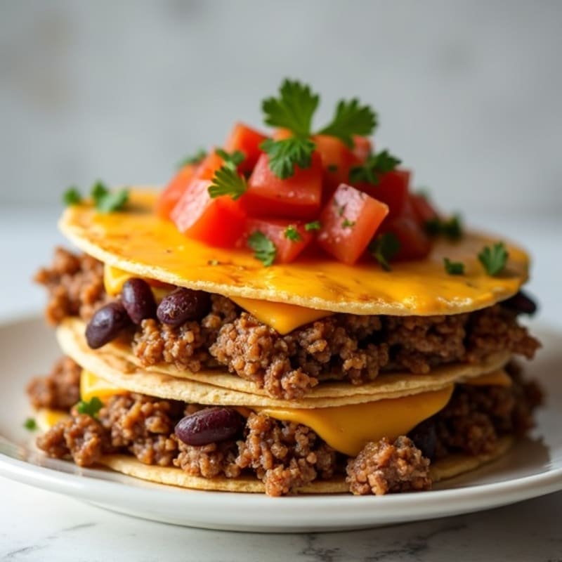 Lean Ground Beef and Black Bean Cheesy Baked Tortilla Stack