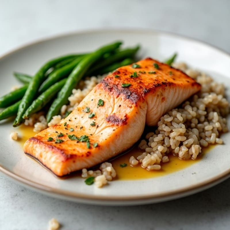 Seared Salmon with Garlic Green Beans and Brown Rice