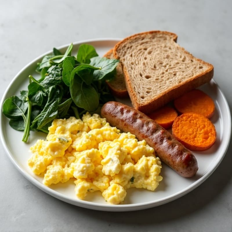 Egg White Scramble with Turkey Sausage and Sautéed Spinach