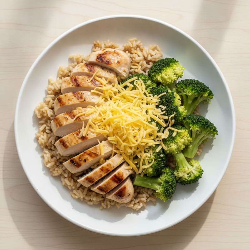 Grilled Chicken and Broccoli Rice Bowl with Shredded Cheese