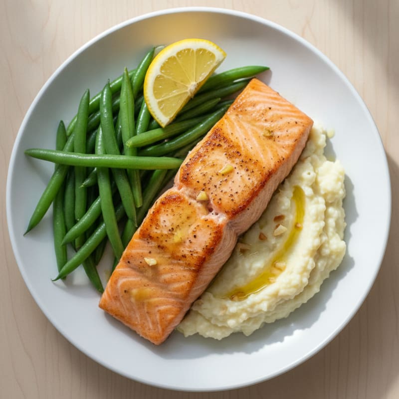 Seared Salmon with Steamed Green Beans and Garlic Mashed Cauliflower