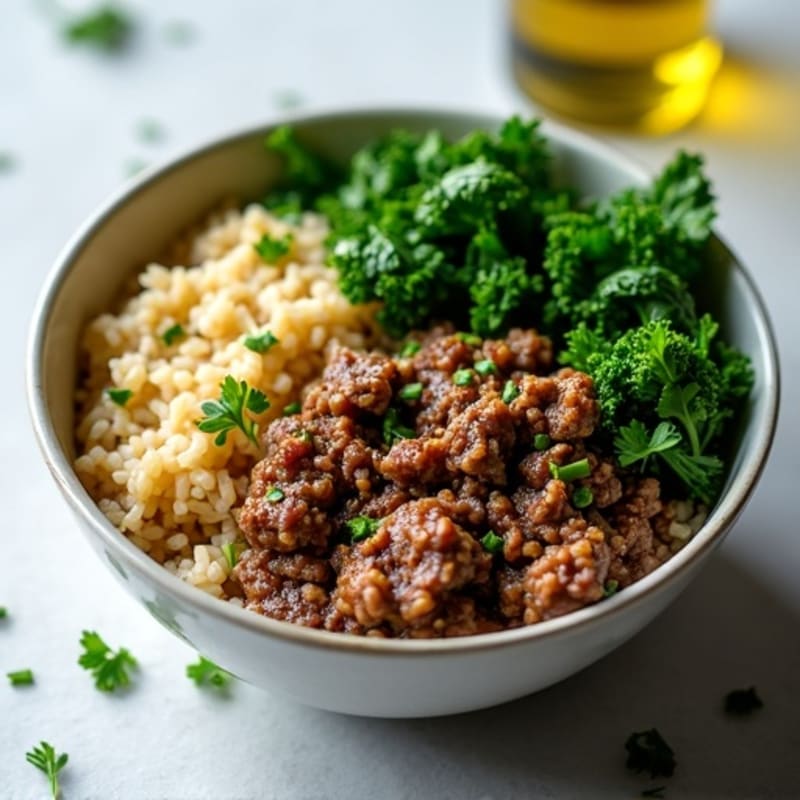 Garlic Herb Ground Beef and Brown Rice with Crispy Greens
