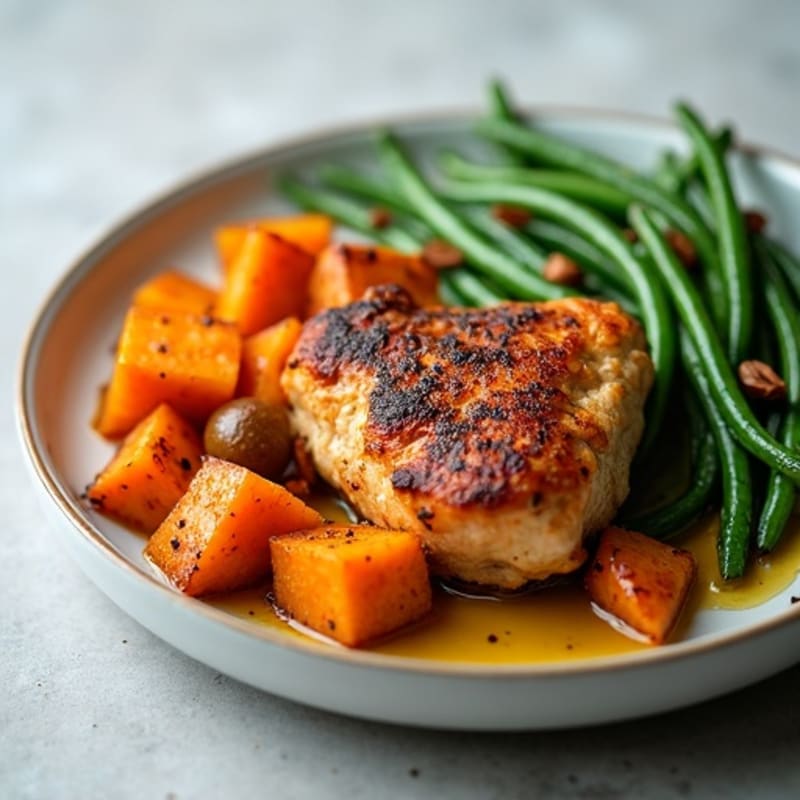 Crispy Baked Chicken Thighs with Roasted Sweet Potatoes and Green Beans