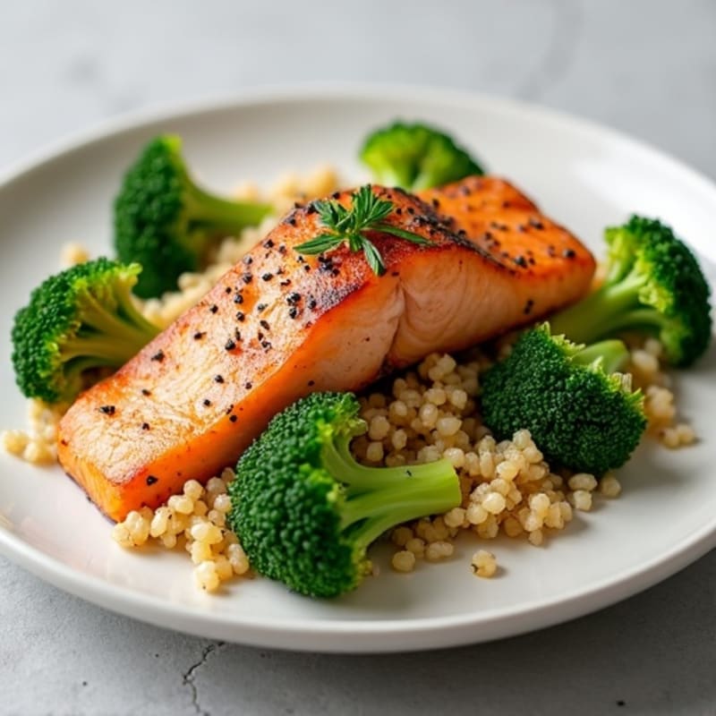 Seared Salmon with Steamed Broccoli and Garlic Quinoa