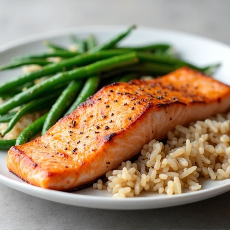 Seared Salmon with Garlic Green Beans and Brown Rice