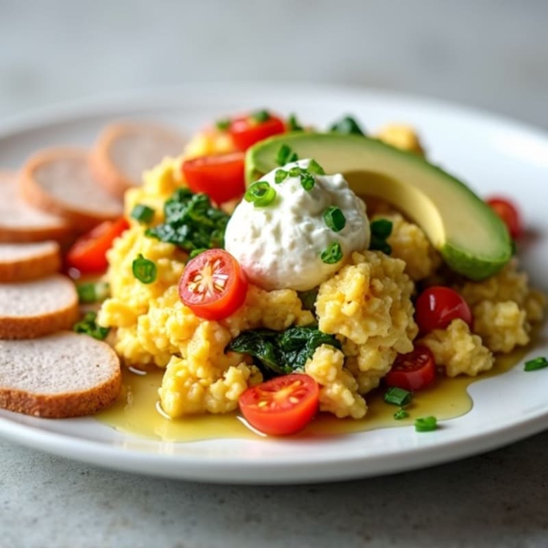 Egg White Vegetable Scramble with Cottage Cheese and Sliced Turkey