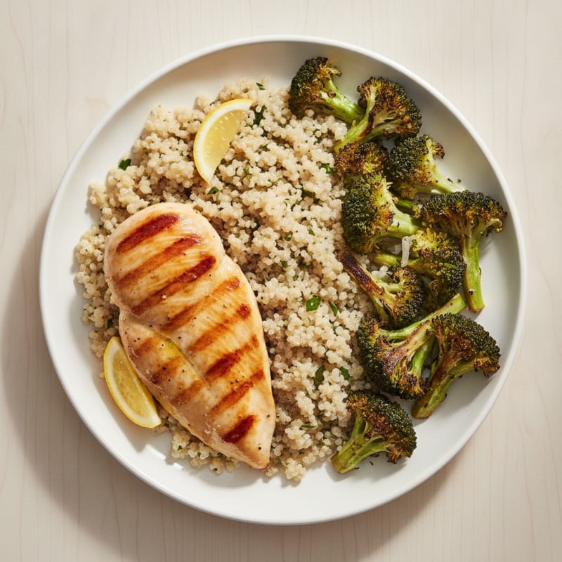 Grilled Lemon Chicken Breast with Quinoa and Roasted Broccoli