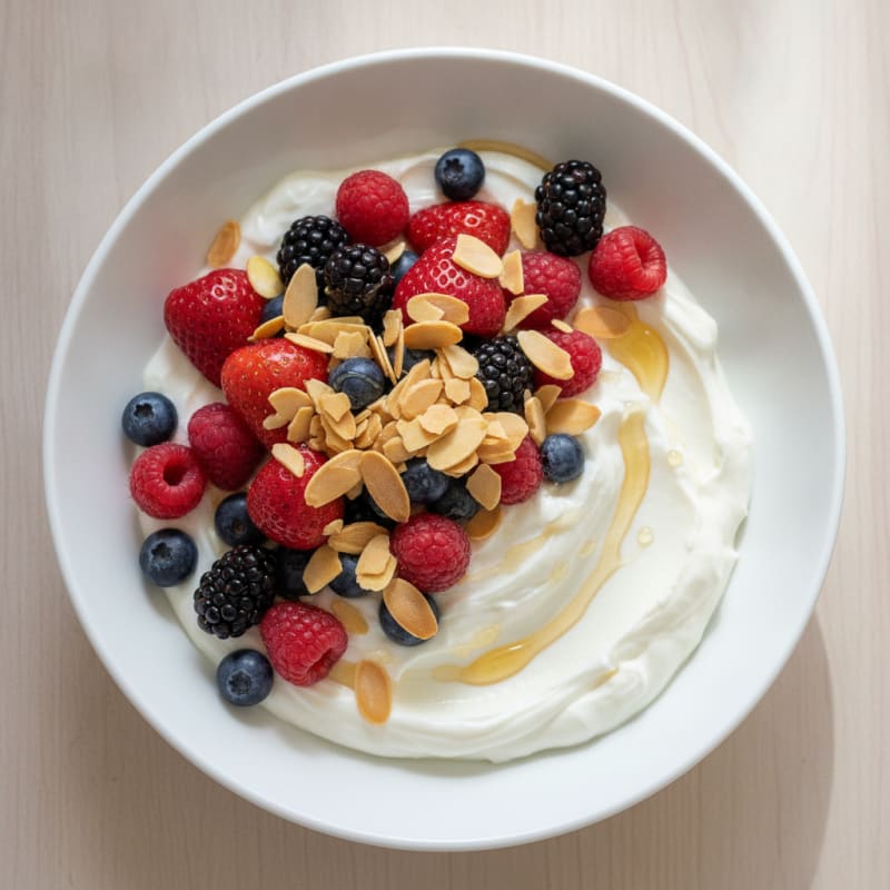 Protein Greek Yogurt Bowl with Mixed Berries and Almonds