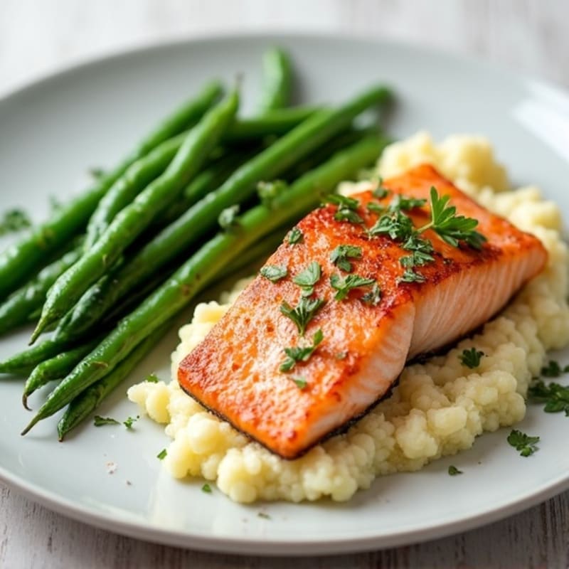 Seared Salmon Fillet with Steamed Green Beans and Garlic Mashed Cauliflower