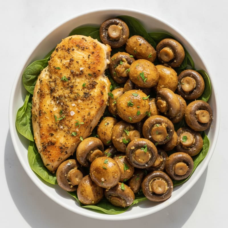 Garlic Butter Roasted Mushrooms with Herb-Crusted Chicken