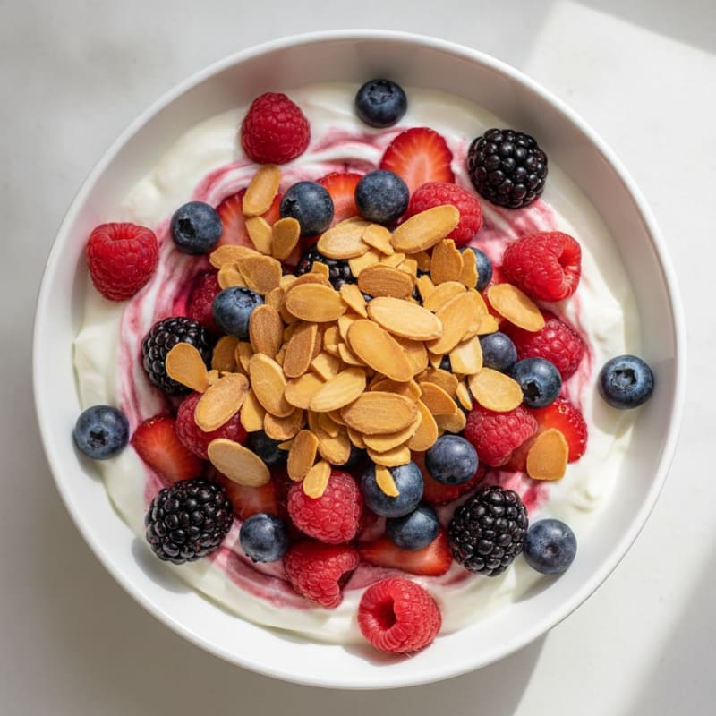 Greek Yogurt Protein Parfait with Mixed Berries and Almonds