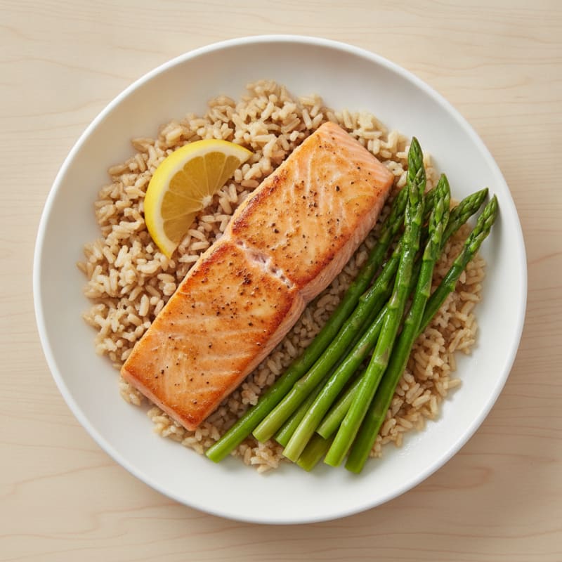 Seared Salmon with Steamed Asparagus and Brown Rice