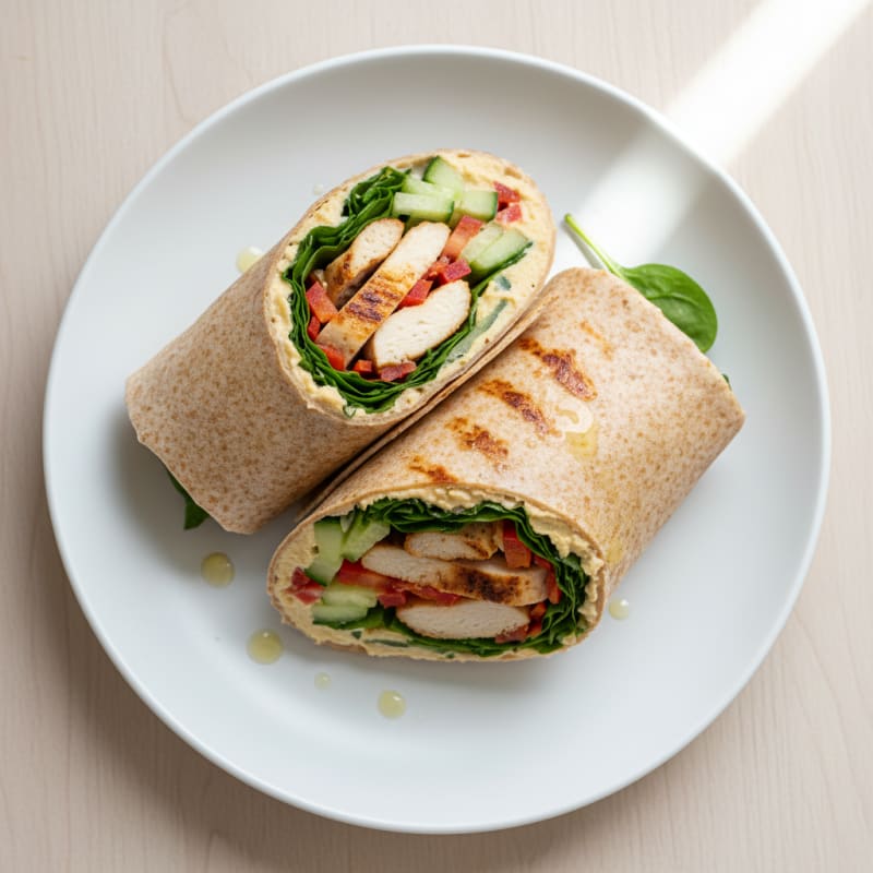 Grilled Chicken Wrap with Crunchy Vegetables and Hummus