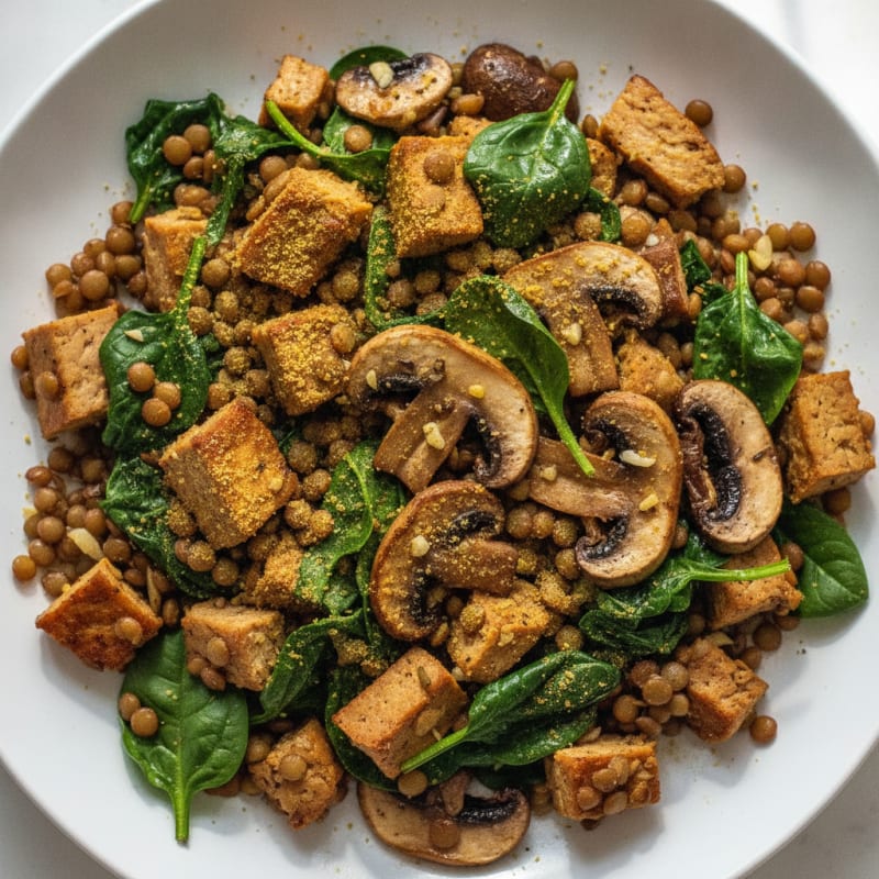 Lentil and Seared Mushroom Protein Skillet with Spinach