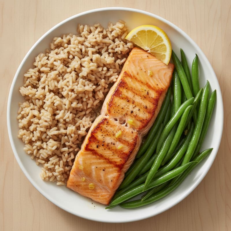 Seared Salmon with Steamed Green Beans and Brown Rice