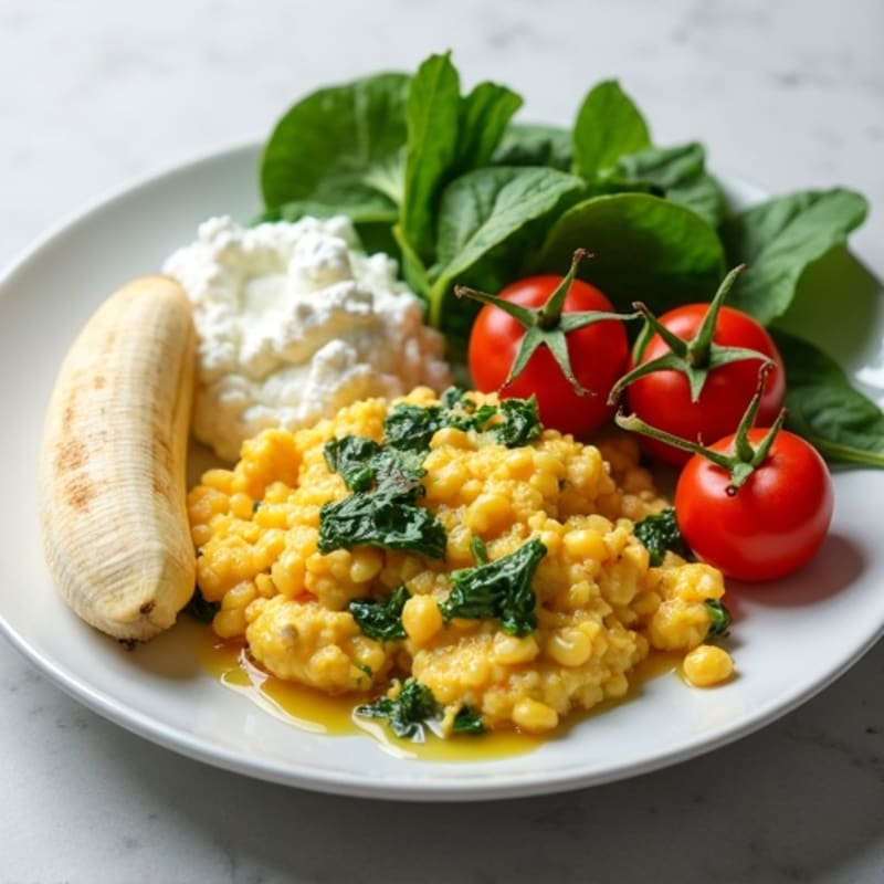 Egg White and Spinach Scramble with Cottage Cheese, Cherry Tomatoes, and Banana