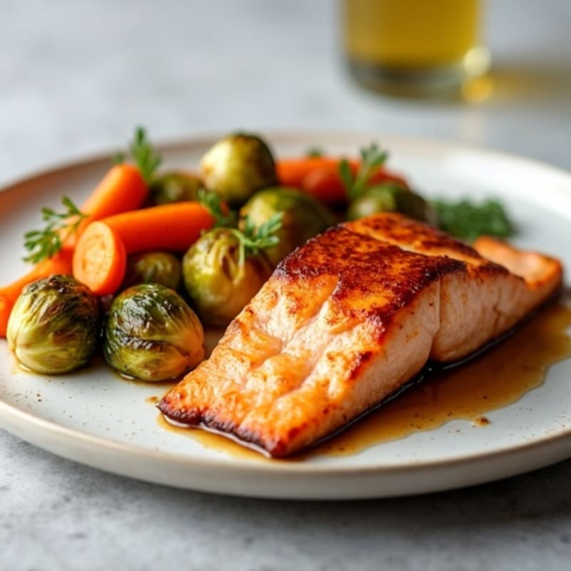 Maple Glazed Salmon with Roasted Carrots and Crispy Brussels Sprouts