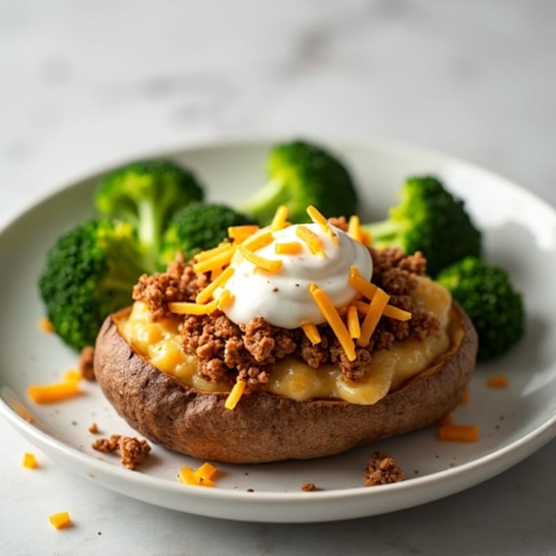 Crispy Loaded Baked Potatoes with Lean Ground Turkey and Steamed Broccoli