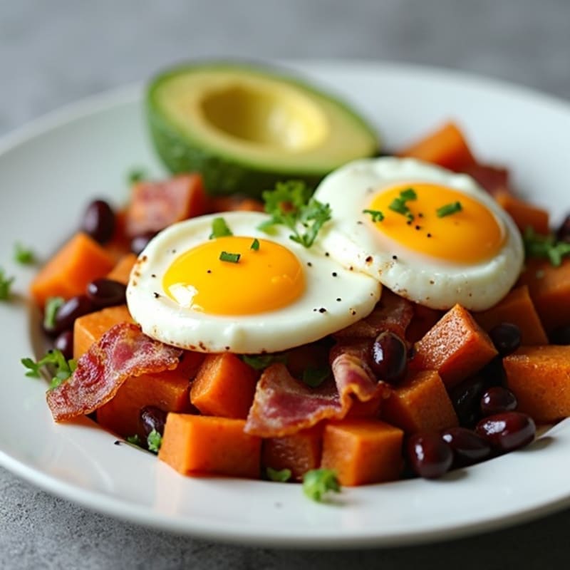 Healthy Poached Eggs with Creamy Avocado and Sweet Potato Hash