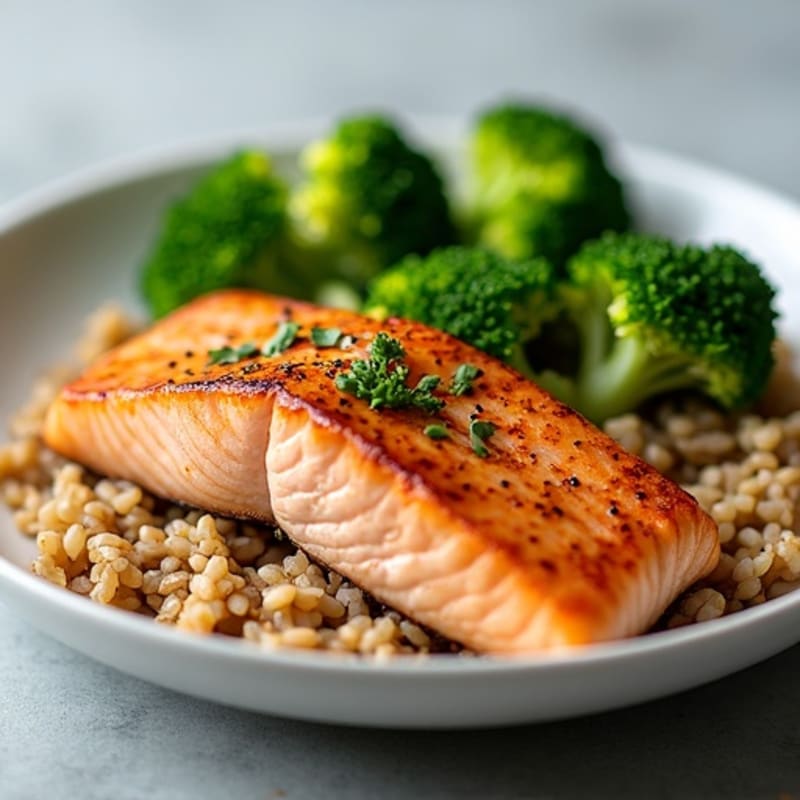 Seared Salmon with Steamed Broccoli and Brown Rice