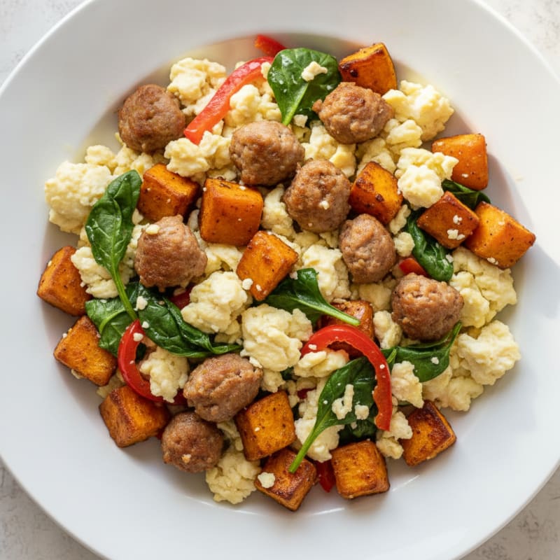 Egg White Scramble with Turkey Sausage and Roasted Sweet Potatoes
