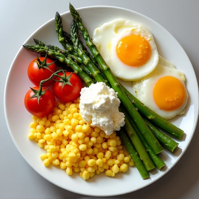 Fluffy Scrambled Eggs with Roasted Asparagus and Cherry Tomatoes
