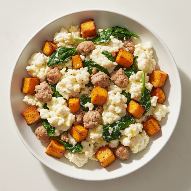 Egg White and Turkey Sausage Scramble with Spinach and Roasted Sweet Potato