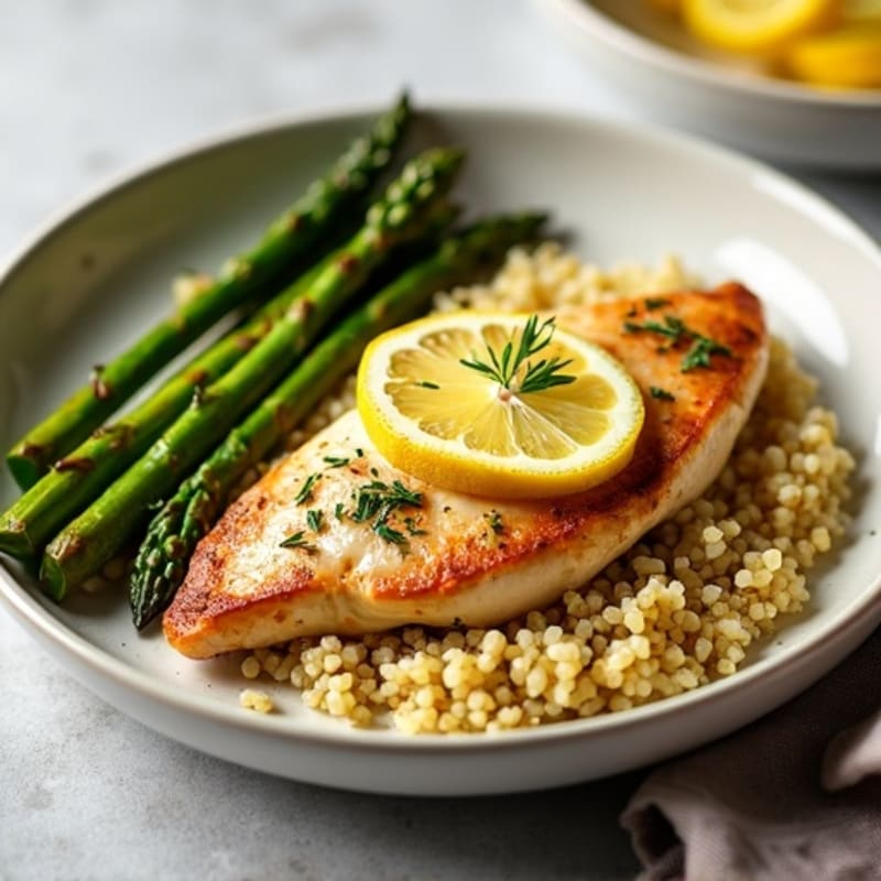 Lemon-Garlic Pan Seared Chicken with Roasted Asparagus and Quinoa