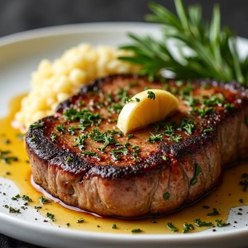 Herb-Crusted Pan Seared Steak with Roasted Garlic