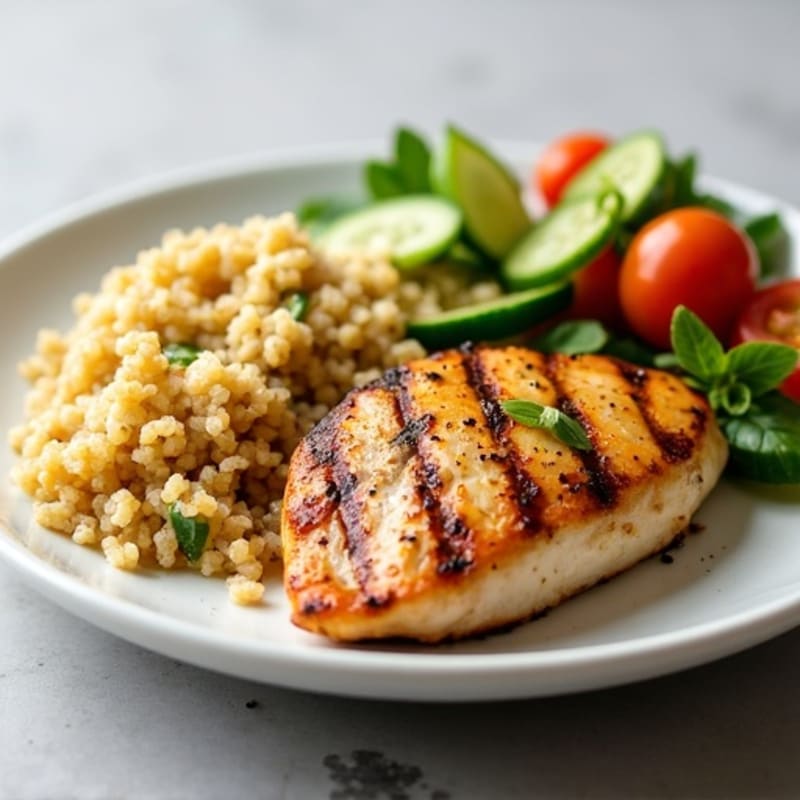 Grilled Chicken Breast with Quinoa and Crunchy Cucumber Tomato Salad