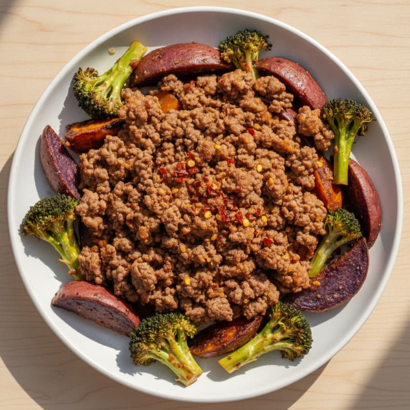 Spicy Ground Beef with Roasted Purple Sweet Potatoes and Broccoli