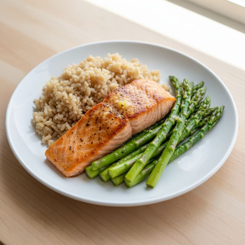 Pan-Seared Salmon with Steamed Asparagus and Brown Rice