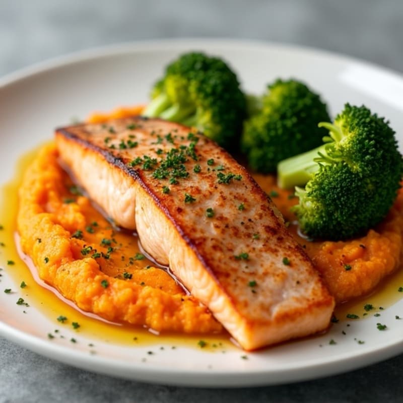 Seared Salmon with Roasted Broccoli and Sweet Potato Mash