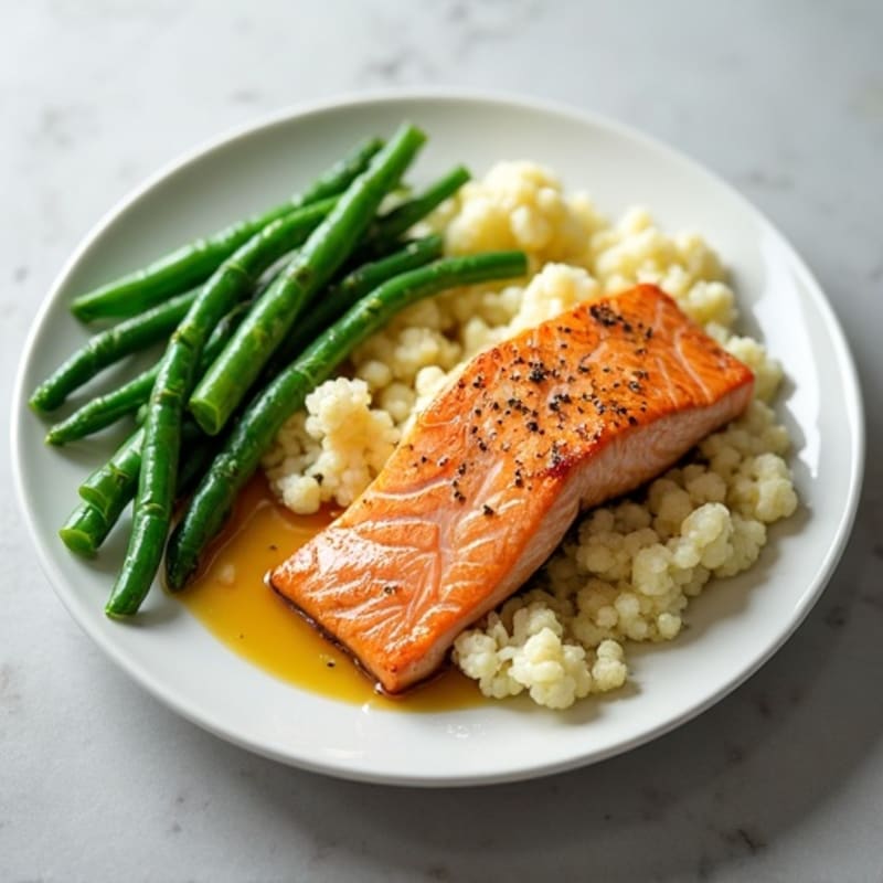 Seared Salmon with Steamed Green Beans and Garlic Mashed Cauliflower