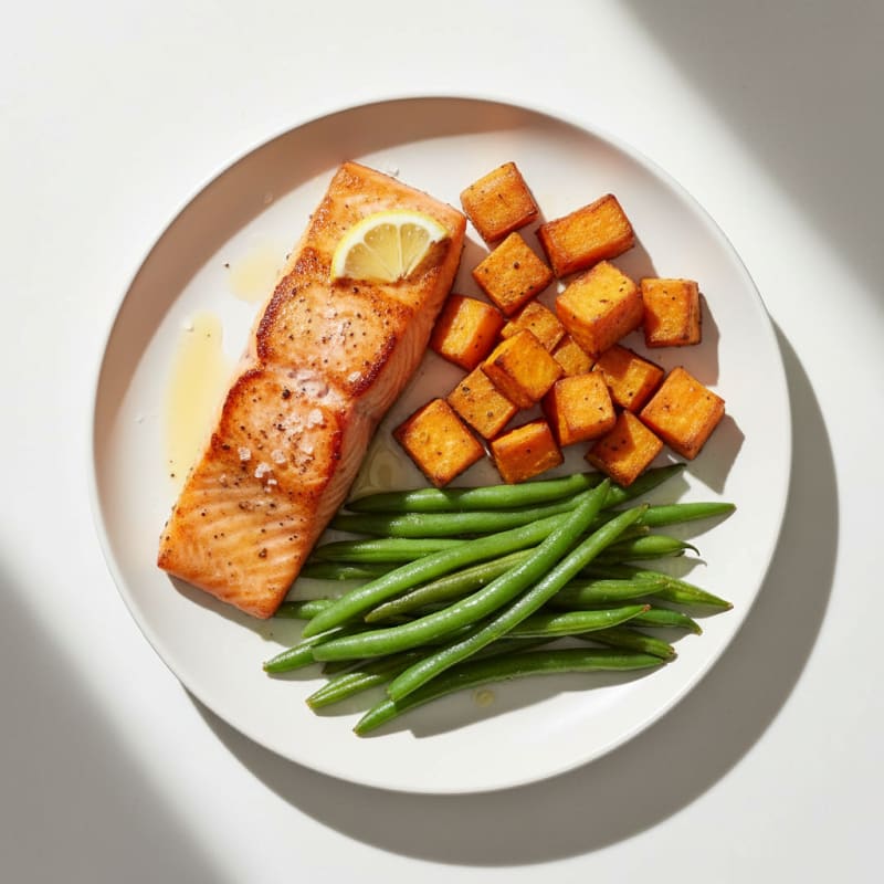Seared Salmon with Roasted Sweet Potato and Green Beans