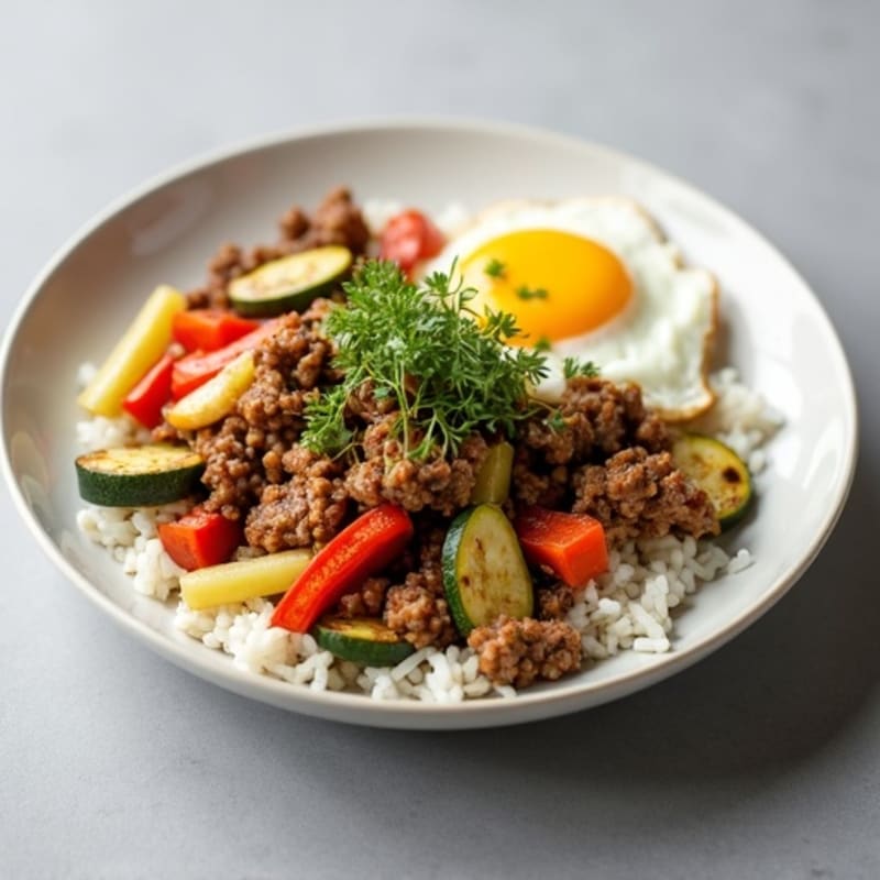 Lean Ground Beef and Vegetable Stir Fry over Steamed Rice
