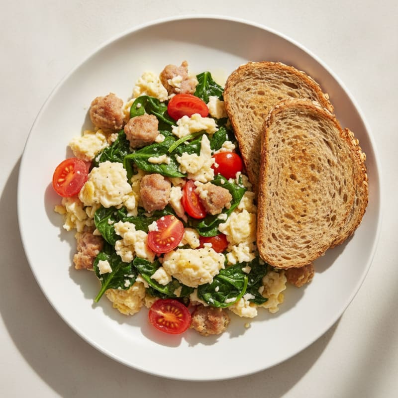 Egg White and Turkey Sausage Scramble with Spinach and Tomatoes