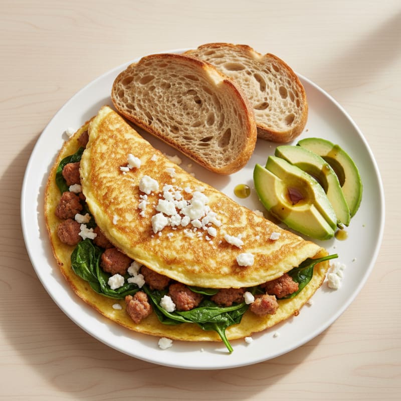 Crispy Egg White Omelette with Turkey Sausage and Spinach