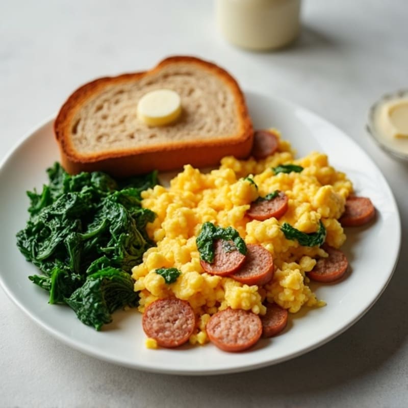 Egg White and Turkey Sausage Scramble with Sautéed Spinach and Toast