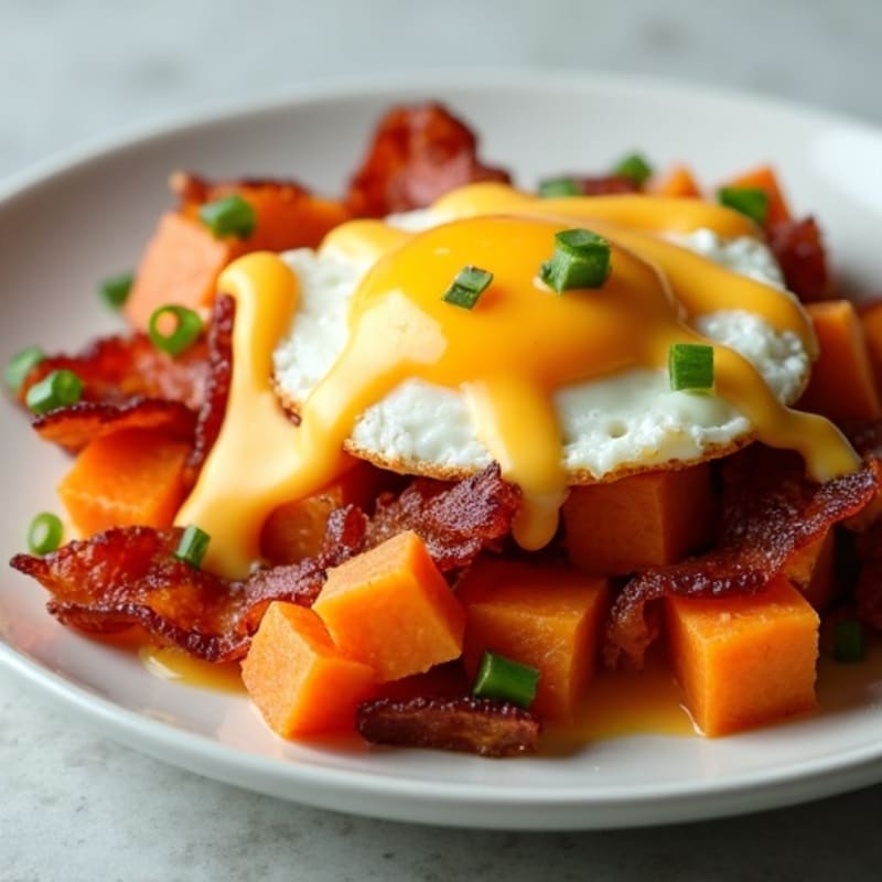 Crispy Sweet Potato Hash with Smoky Bacon and Creamy Cheesy Drizzle