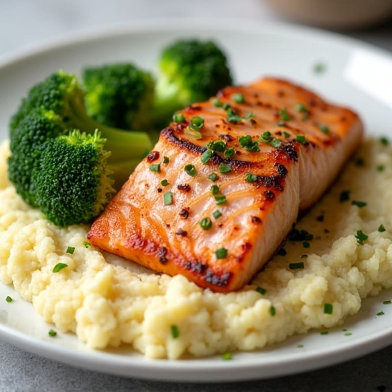Seared Salmon with Roasted Broccoli and Garlic Mashed Cauliflower