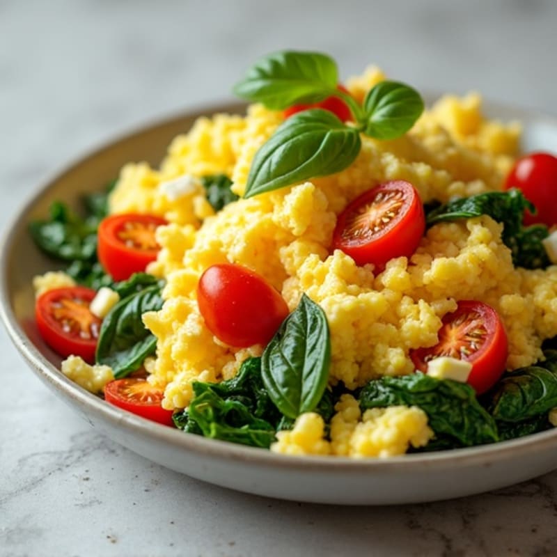 Fluffy Scrambled Eggs with Fresh Spinach and Cherry Tomatoes