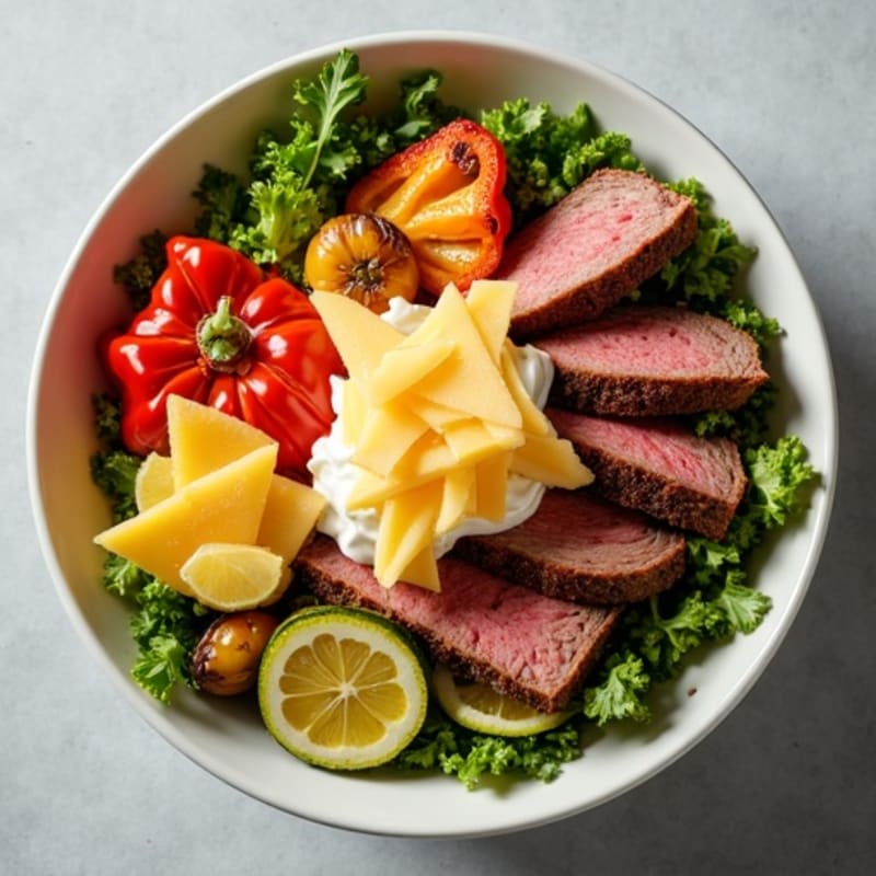 Roast Beef and Sharp Cheddar Bowl with Crispy Roasted Vegetables and Creamy Horseradish Dressing