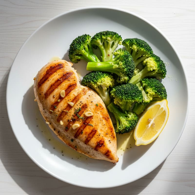 Grilled Chicken Breast with Steamed Broccoli and Lemon