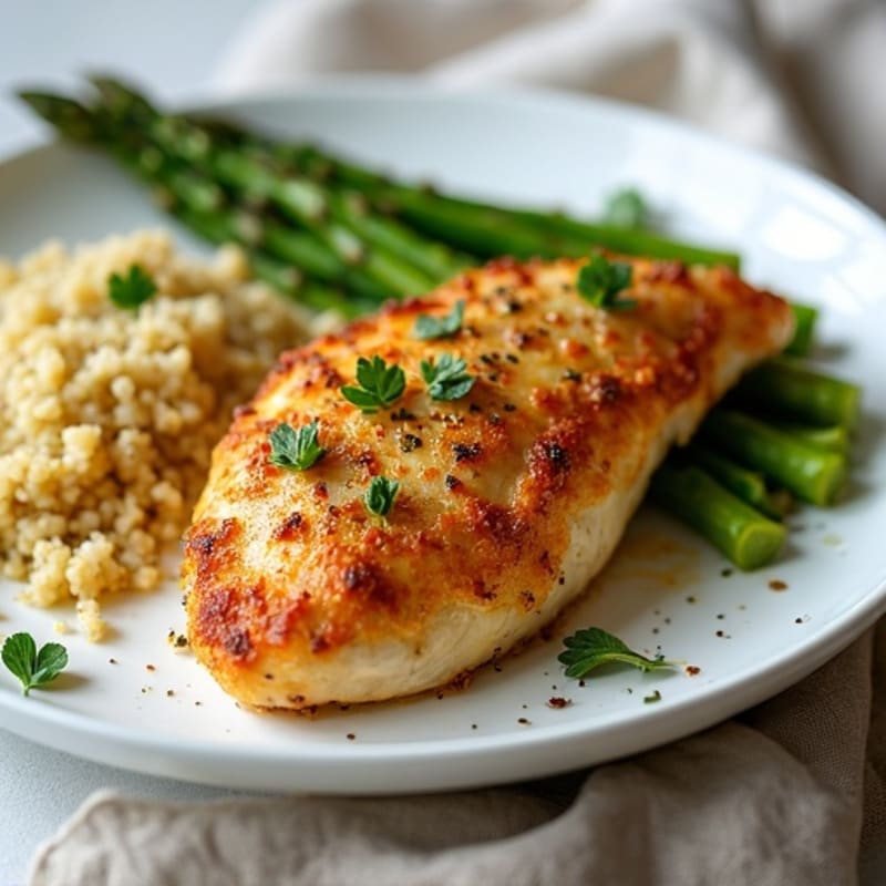 Crispy Lemon-Herb Roasted Chicken with Roasted Asparagus and Quinoa