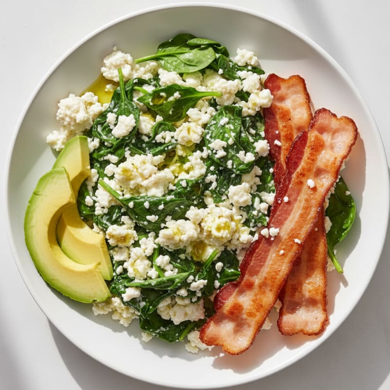 Cottage Cheese Scramble with Spinach and Turkey Bacon