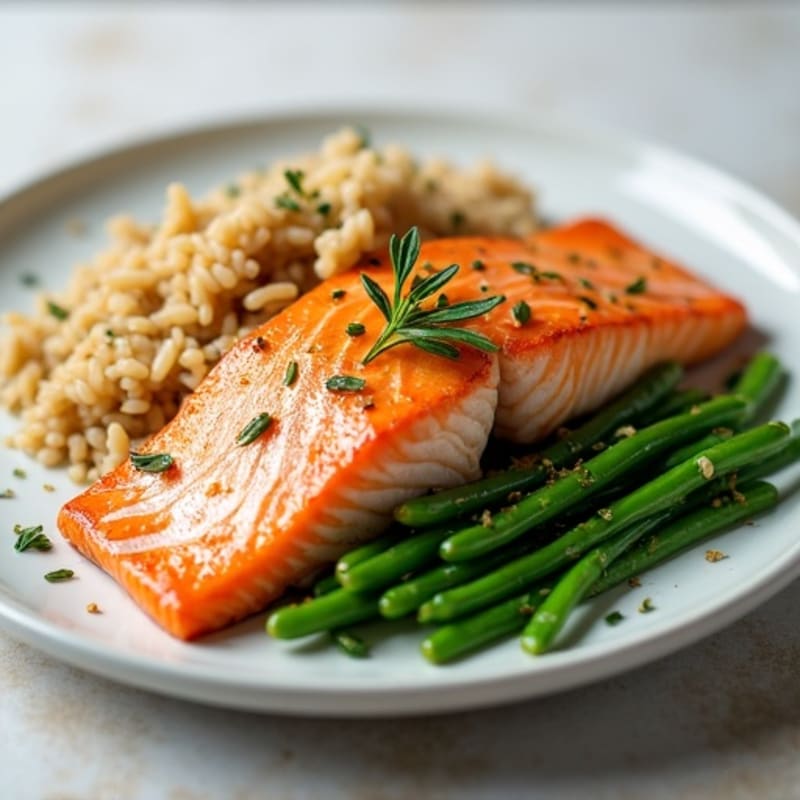 Seared Salmon with Steamed Green Beans and Brown Rice