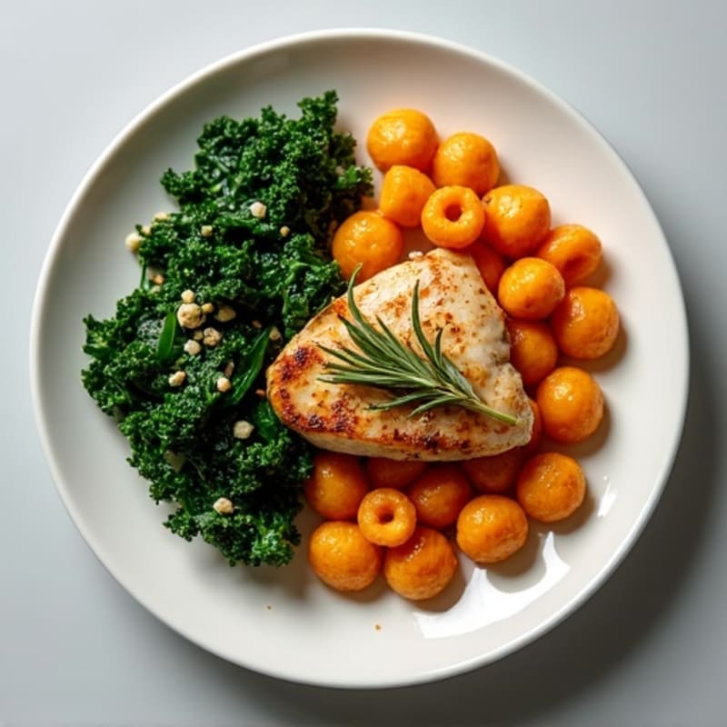 Pan-Seared Sweet Potato Gnocchi with Herb-Roasted Chicken and Sautéed Kale