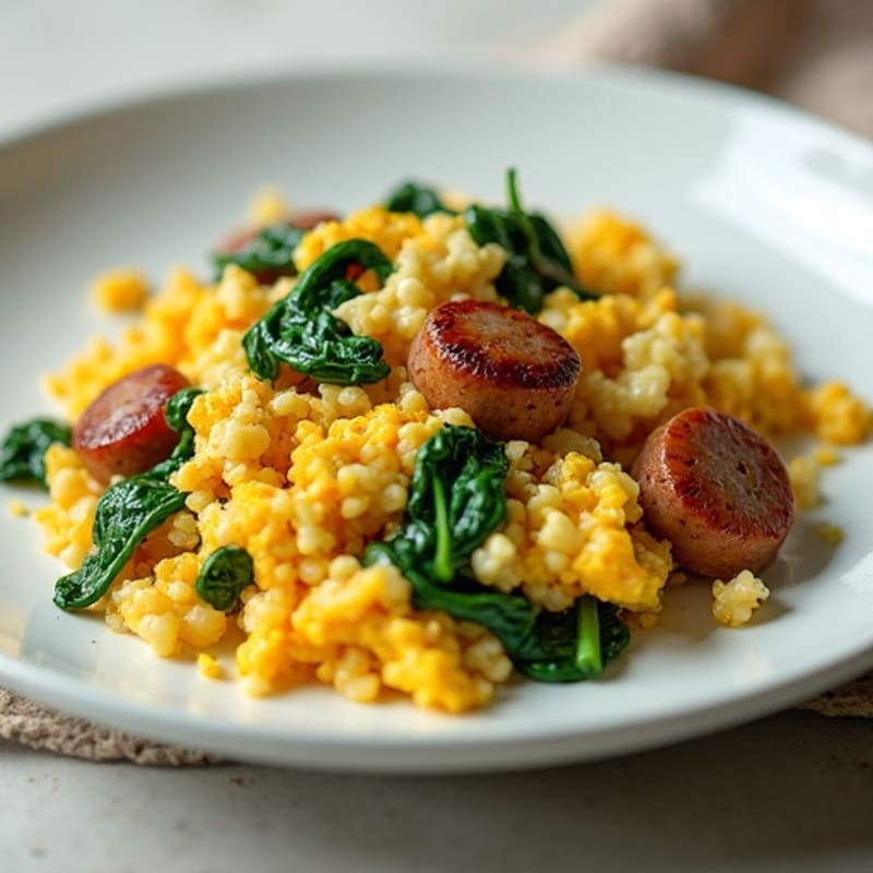 Egg White Scramble with Turkey Sausage and Sautéed Spinach