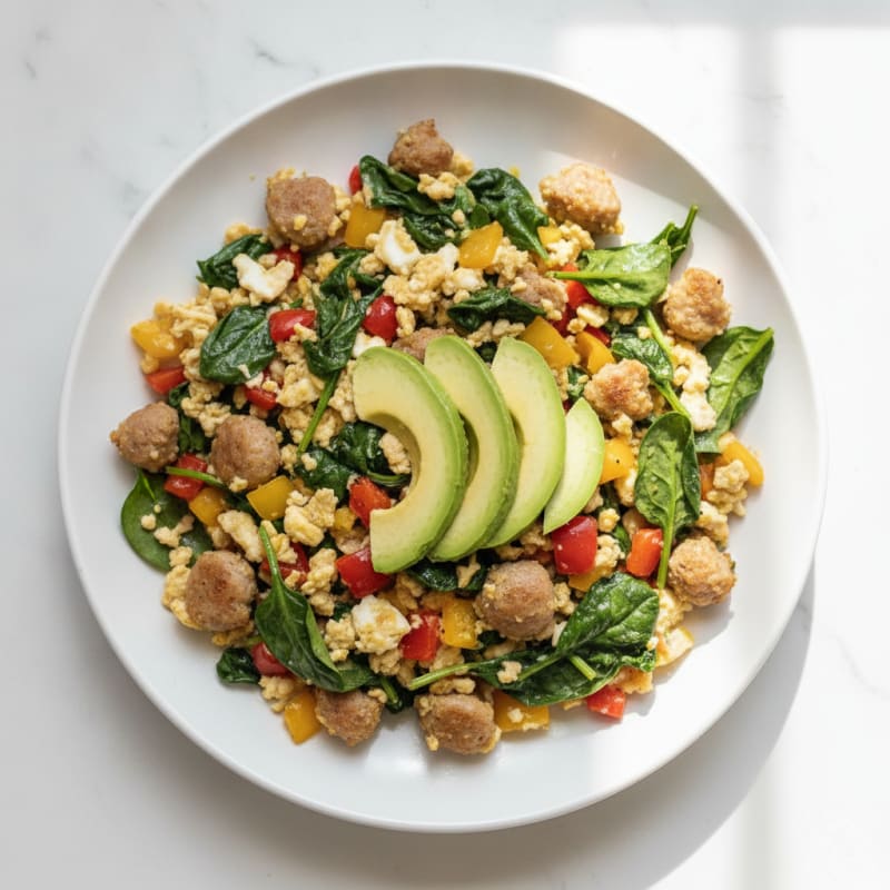 Egg White and Turkey Sausage Scramble with Spinach and Bell Peppers